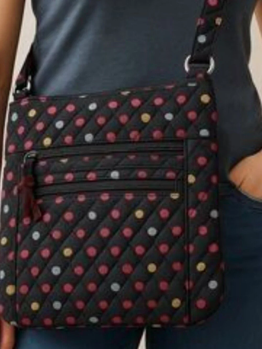 Vera Bradley Quilted Black Crossbody Bag with Multicolor Dot Print